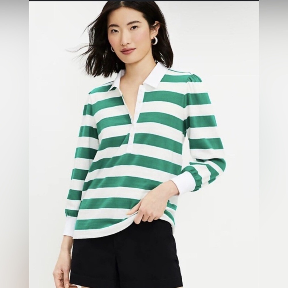 LOFT Green and White Striped Blouse